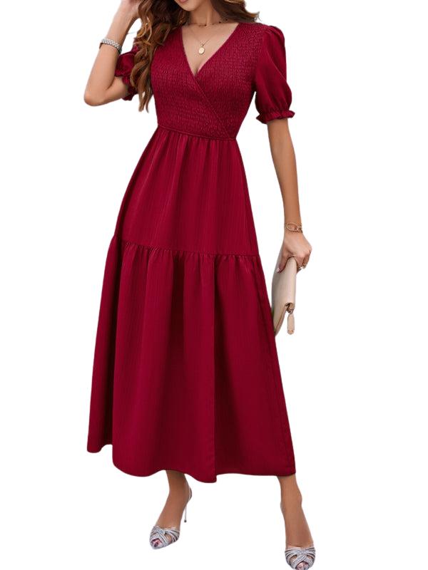 SHOPIQAT New Spring and Summer Solid Color Temperament V-Neck Short-Sleeved Long Skirt - Premium from shopiqat - Just $10.750! Shop now at shopiqat